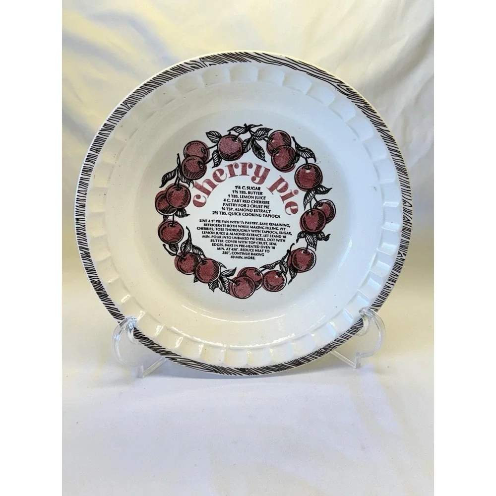 VTG Cherry Pie Recipe Ceramic Pie Dish White Red Black Made In USA